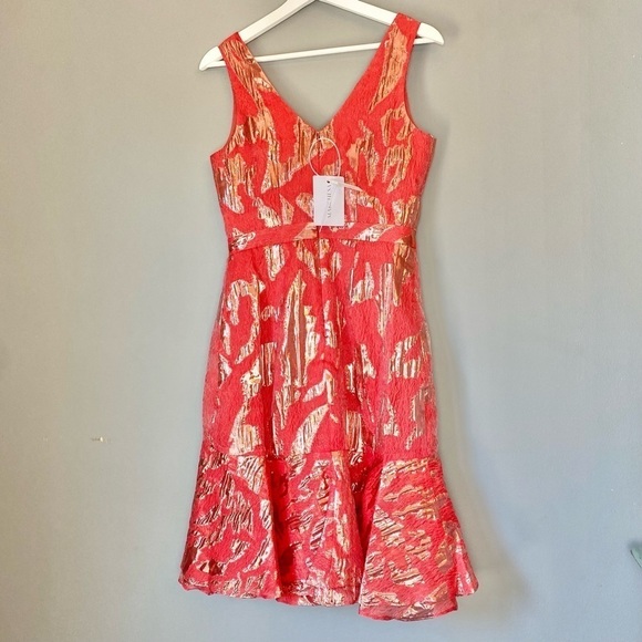 Marchesa Notte Strapless Ruffle-Hem V-Neck Coral Cocktail Dress NWT - Picture 3 of 11